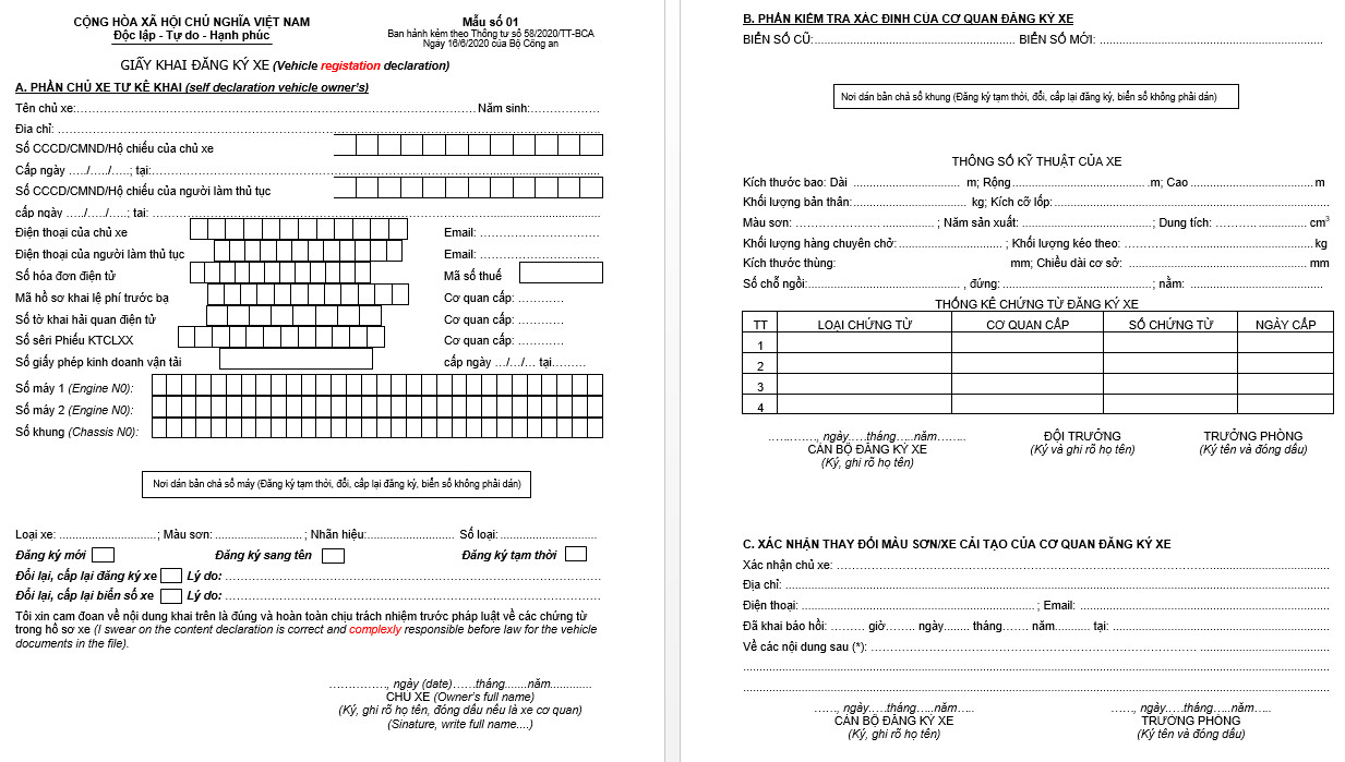 Giấy khai đăng kí xe theo mẫu số 1