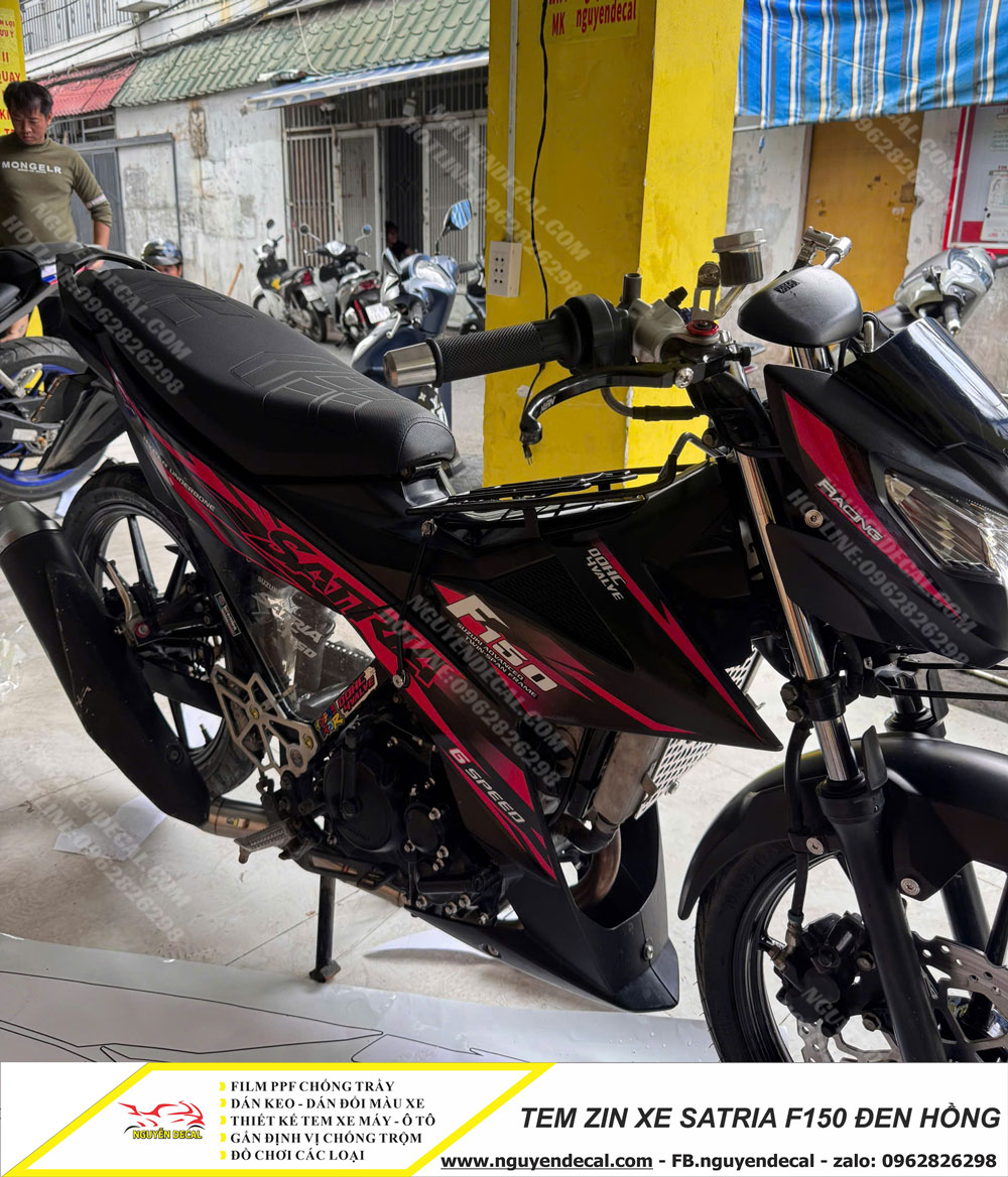 Tem zin xe Satria F150 đen hồng Tem zin xe Satria F150 đen hồng