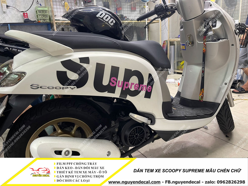 Tem xe Scoopy Supreme mẫu chèn chữ