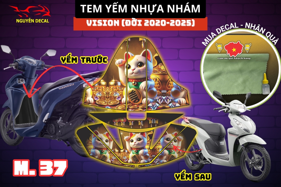 Bộ tem dán yếm vision 2020-2025 mèo thần tài   lựa chọn phong thủy cho xe đẹp